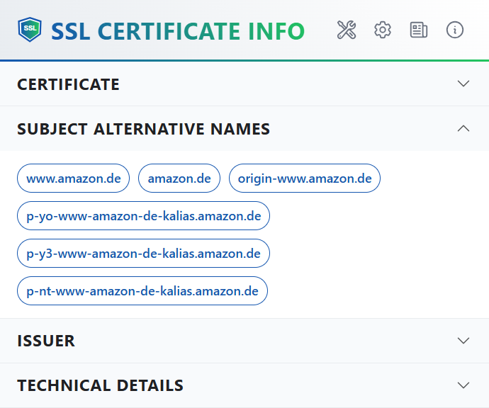 Extension popup with Subject Alternative Names section expanded